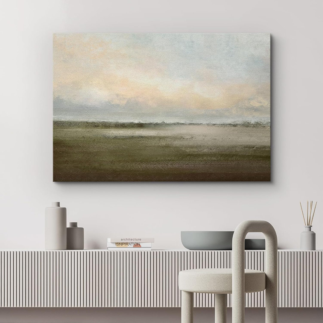 Muted Green Sunrise French Country Landscape Rustic Neutral Large Framed Canvas Print Wall Art Work
